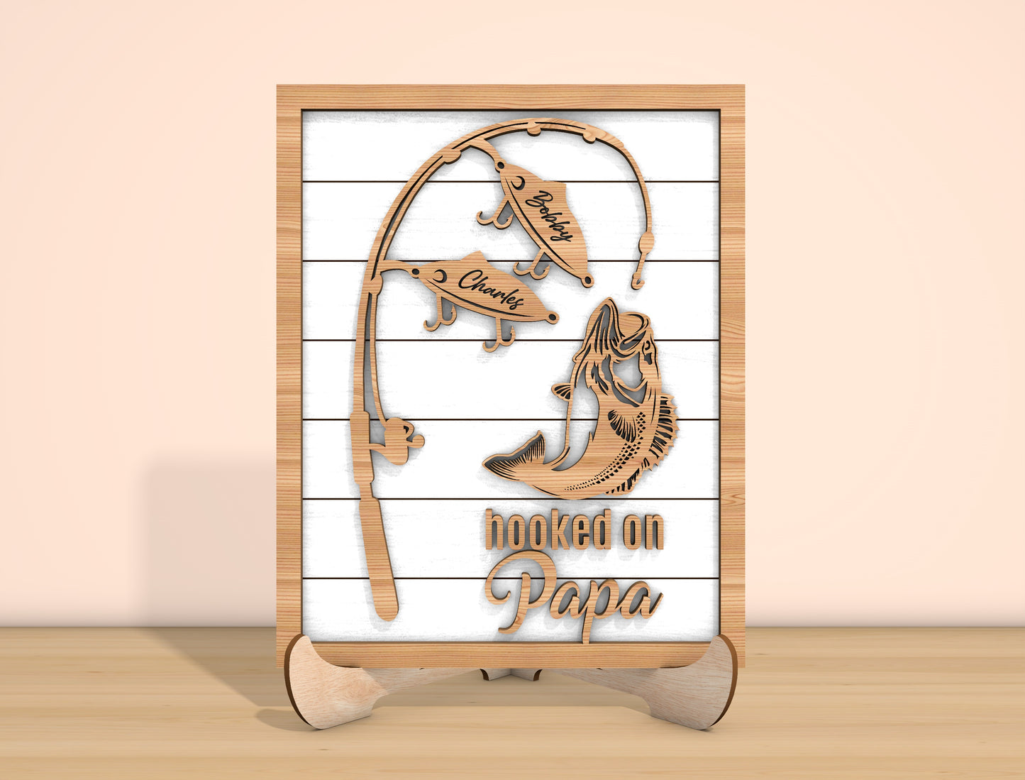Hooked on Grandpa Fishing Laser Cut File | Personalized Fish Name Sign | Rustic Wooden Decor | Glowforge, xTool, LightBurn, etc.