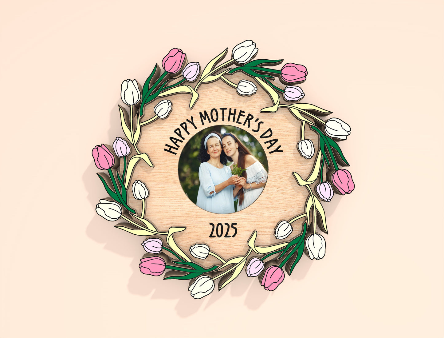 Mother’s Day Floral Wreath Laser Cut File Bundle | Photo Frame Decor | Layered Wooden Circle Designs | Glowforge, xTool, LightBurn, etc.