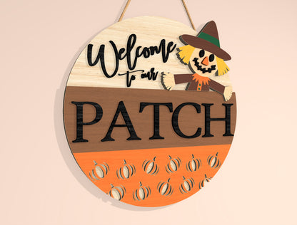 Scarecrow Welcome to Our Patch Door Hanger SVG Set for Glowforge xTool LightBurn 2 Designs