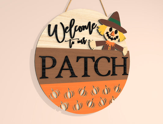 Scarecrow Welcome to Our Patch Door Hanger SVG Set for Glowforge xTool LightBurn 2 Designs