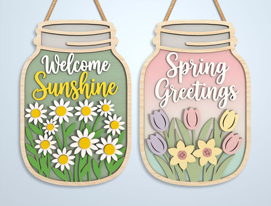 Spring Mason Jar Door Hanger Laser Cut File | Ready to Cut | Glowforge, xTool, LightBurn, etc.