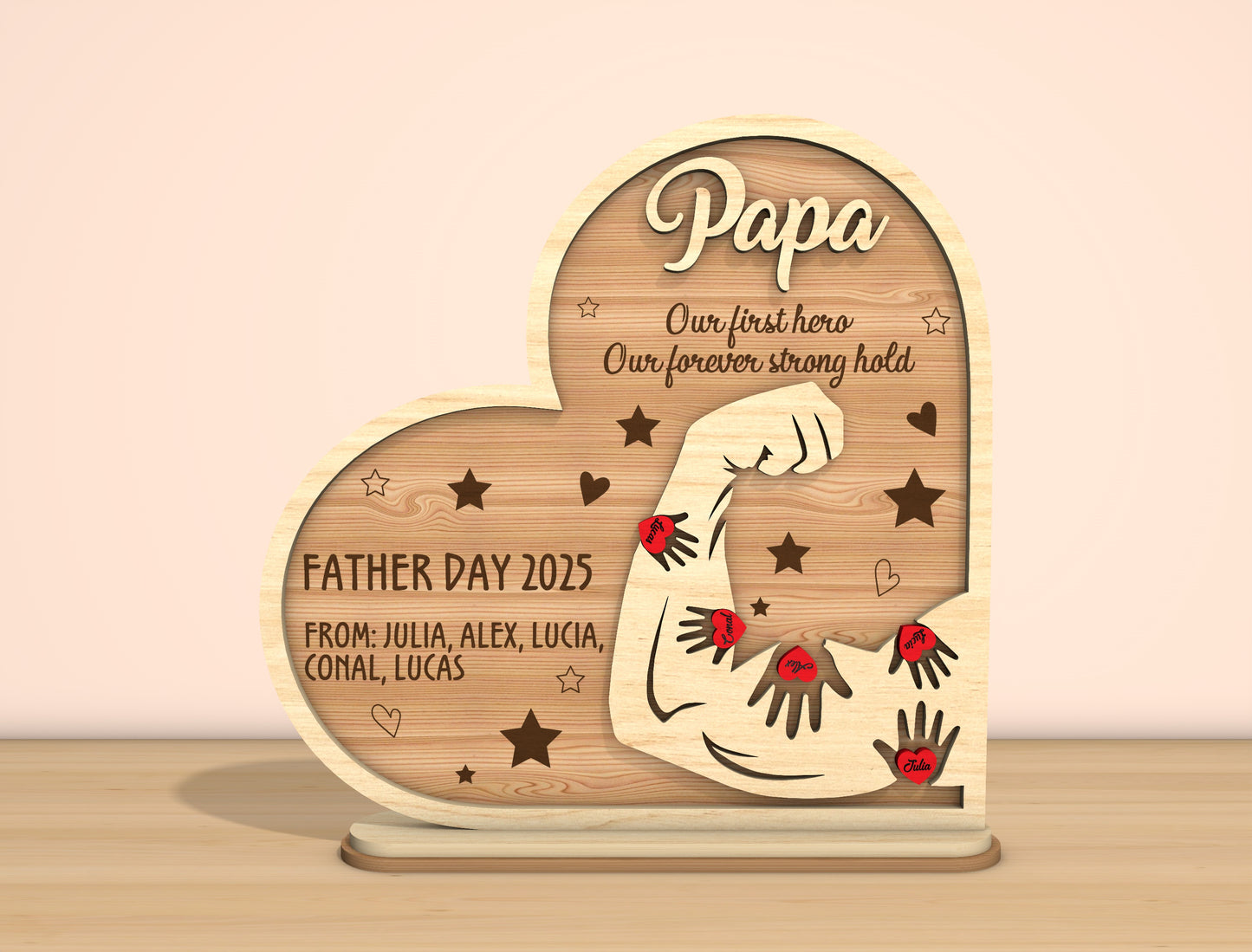 Father’s Day Strength Heart Laser Cut File | Dad Pops Papa Tabletop Sign | Family Love Wooden Decor | Glowforge, xTool, LightBurn, etc.
