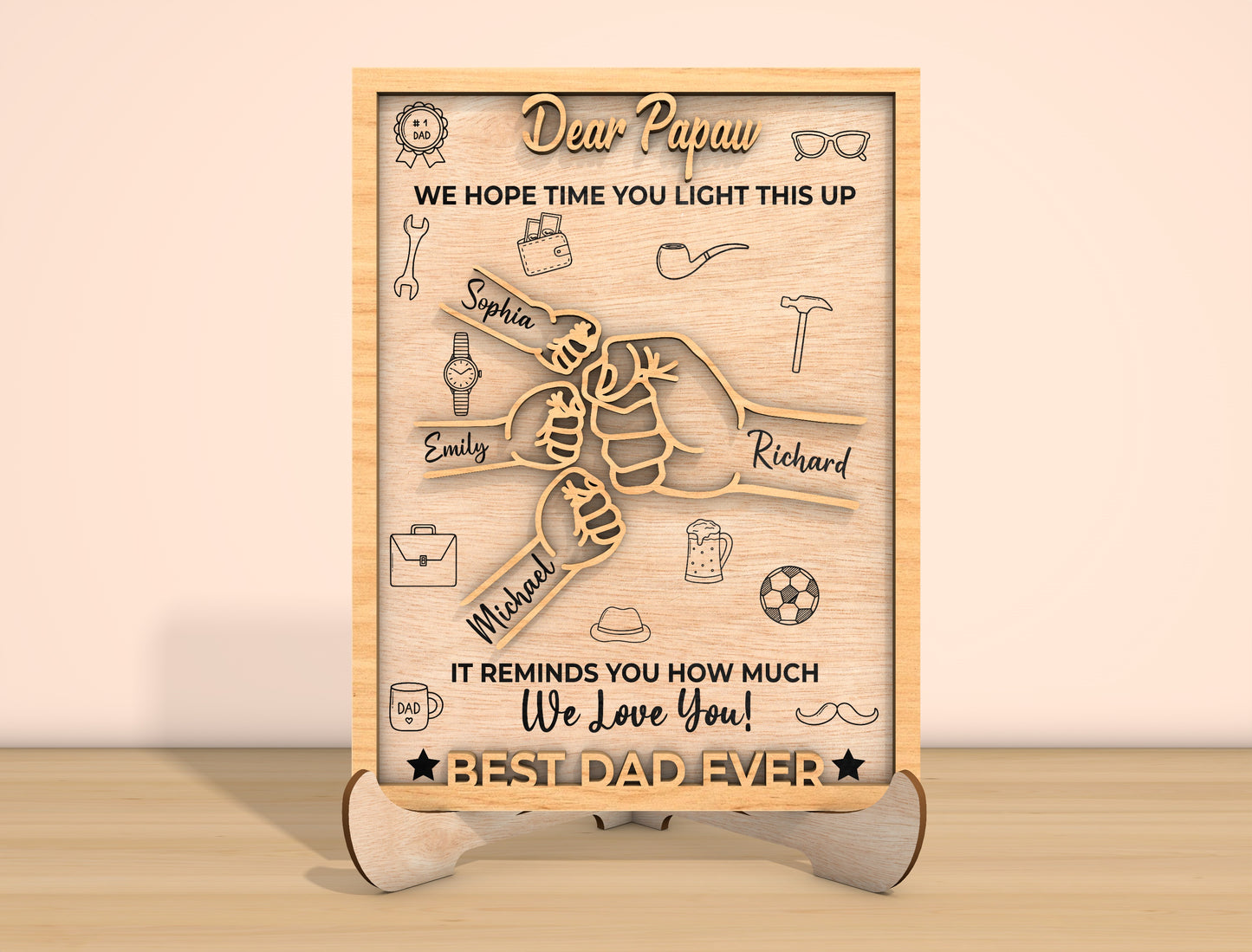 Dear Dad Fist Bump Laser Cut File | Father’s Day Family Hands Sign | Heartfelt Wooden Decor | Glowforge, xTool, LightBurn, etc.