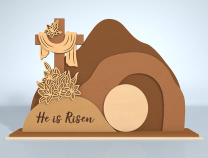 He Is Risen Easter Resurrection Scene Digital Download | 3D Layered Tomb Laser Cut File | Glowforge, xTool, LightBurn, etc.