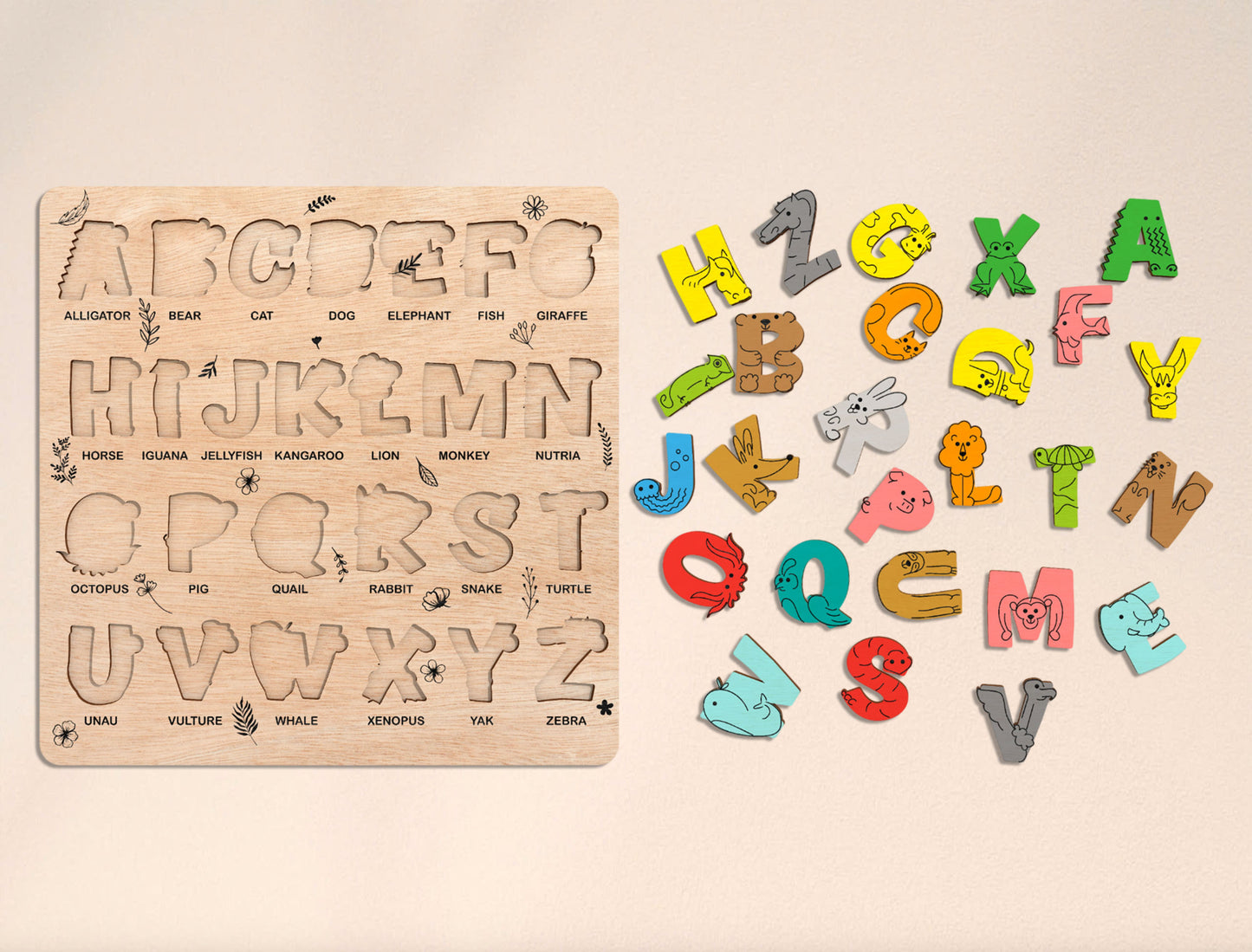 Animal Alphabet Puzzle Board SVG Laser Cut File for xTool and Glowforge