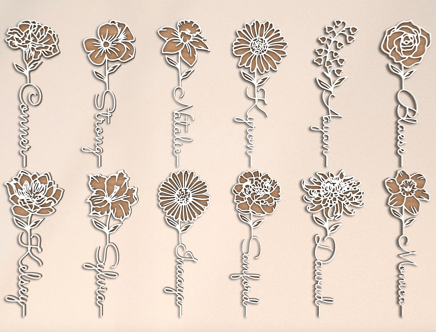 Month Flower Name Stand Laser Cut File Bundle | Floral Decor | Mother’s Day Design | Glowforge, xTool, LightBurn, etc.