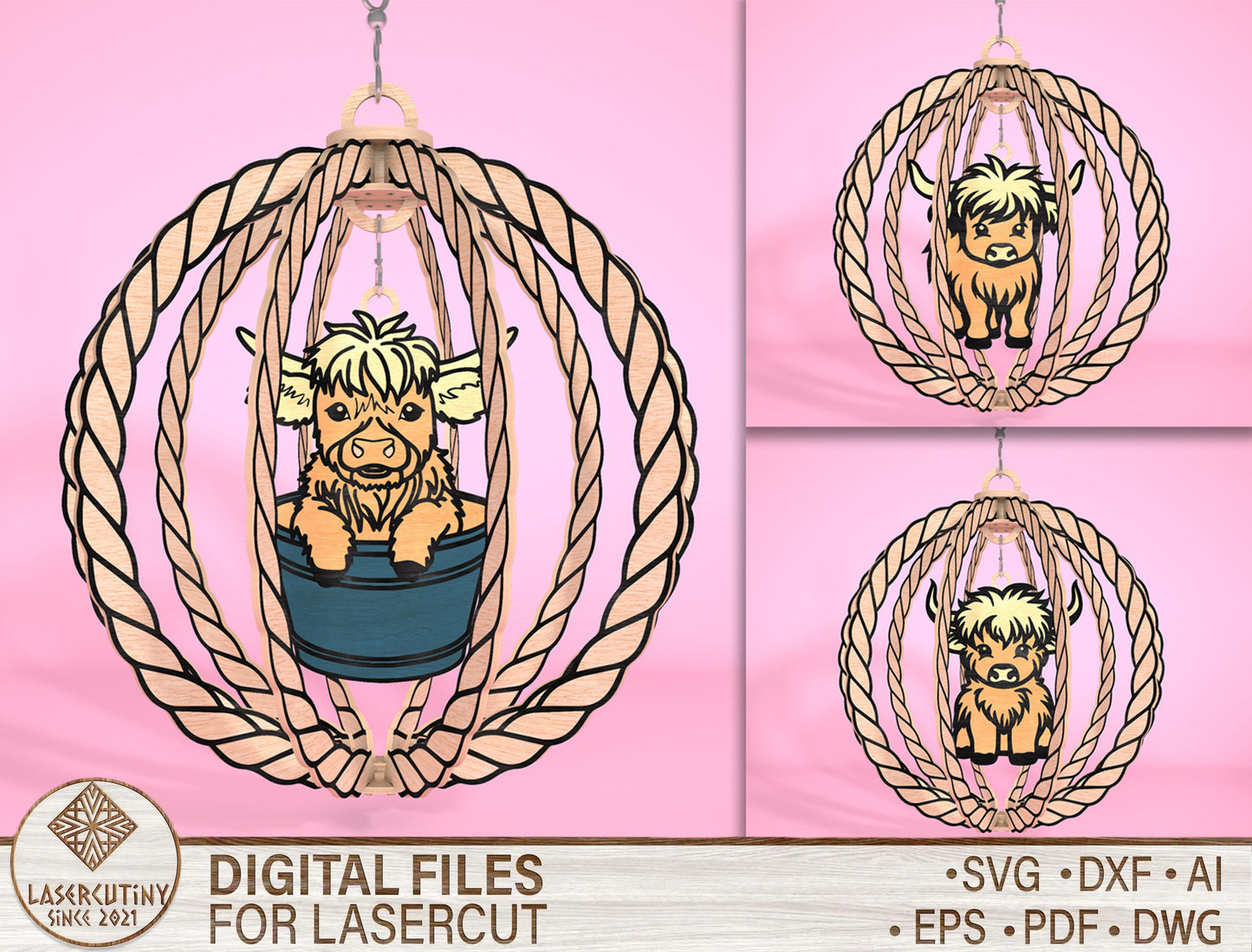 Highland Cow Hanging Spinner SVG Laser Cut File for Glowforge