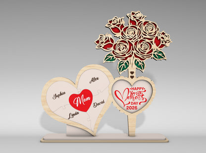 Personalized Mom Heart Rose Bouquet Sign SVG for Glowforge and xTool