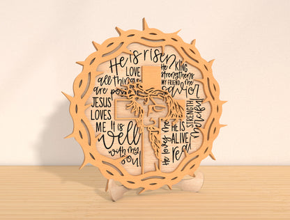 Easter Christian Cross Laser Cut File | He Is Risen Scripture Sign SVG | Wooden Religious Easter Table Decor | Glowforge, xTool, LightBurn, etc.