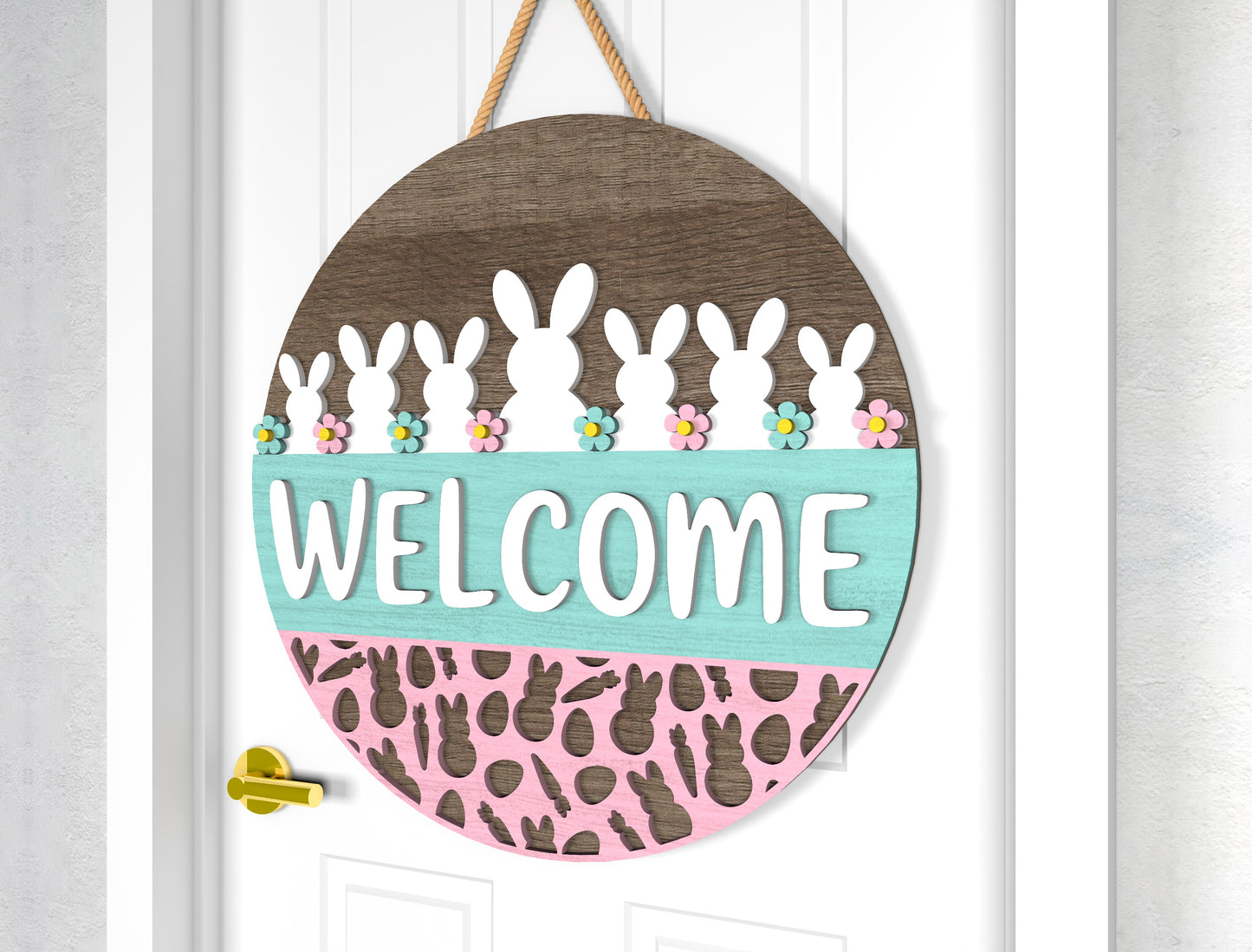 Easter Bunny Hello Chicks Door Sign SVG Layered Welcome for LightBurn and xTool