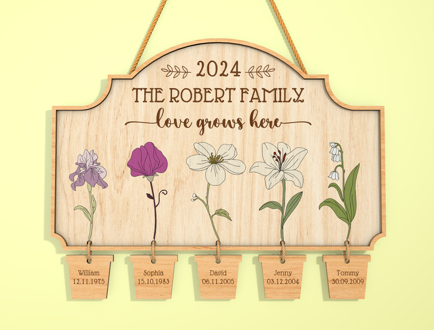 Custom Name Birth Flower Hanging Tag Sign SVG for LightBurn