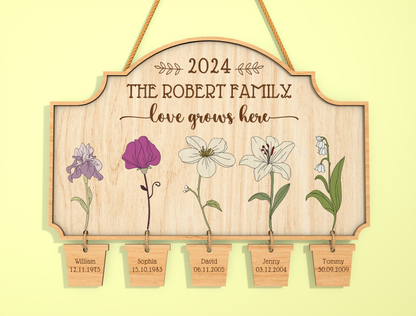 Custom Name Birth Flower Hanging Tag Sign SVG for LightBurn
