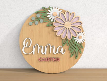 Personalized Floral Name Door Hanger SVG Custom Flower Round Sign Laser Cut File for Glowforge and xTool