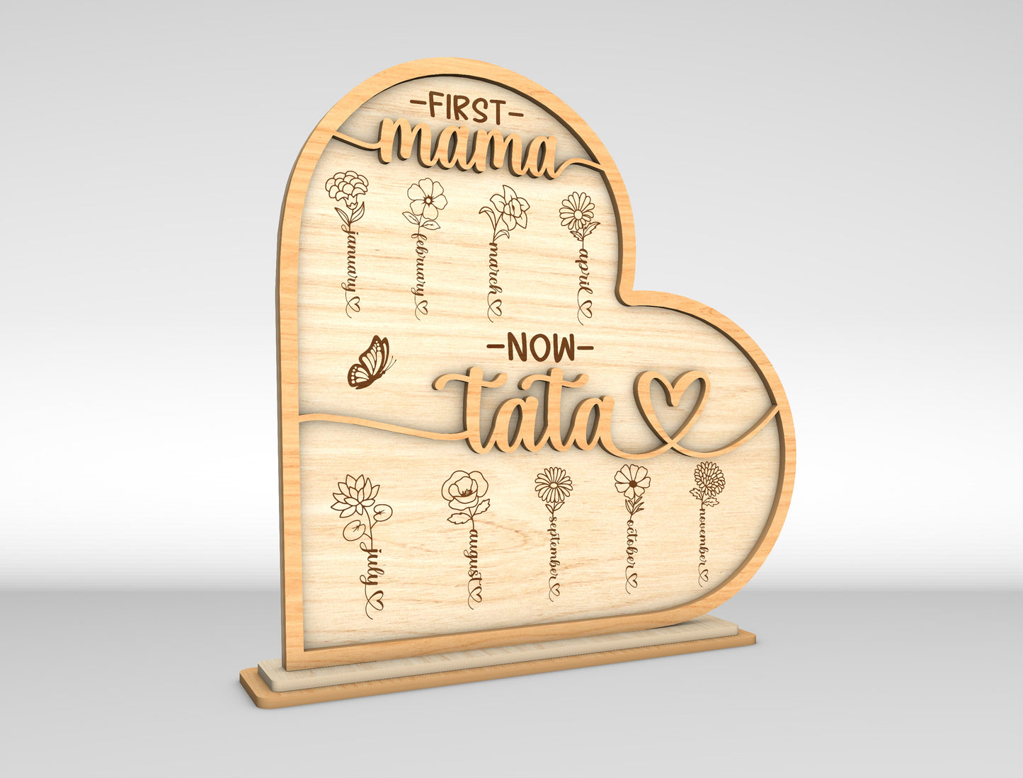 First Mama Now Tata Mimi Birth Flower Sign SVG Laser Cut File for LightBurn and xTool