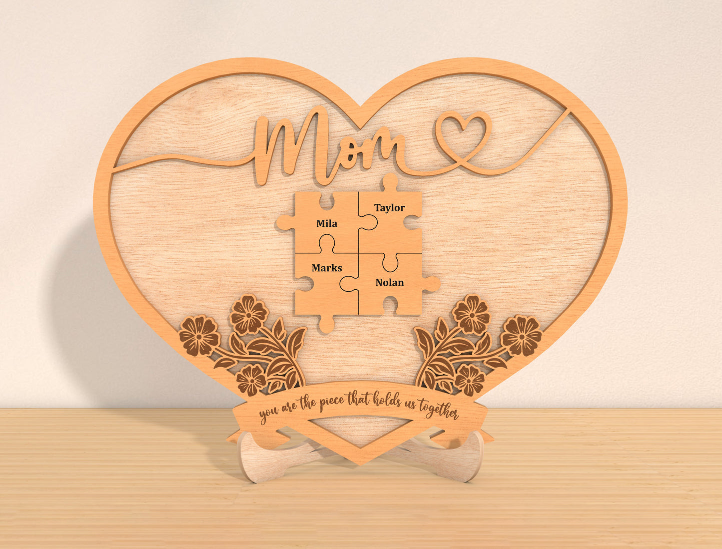Personalized Mom Puzzle Heart Sign SVG 8 Names for Glowforge and xTool