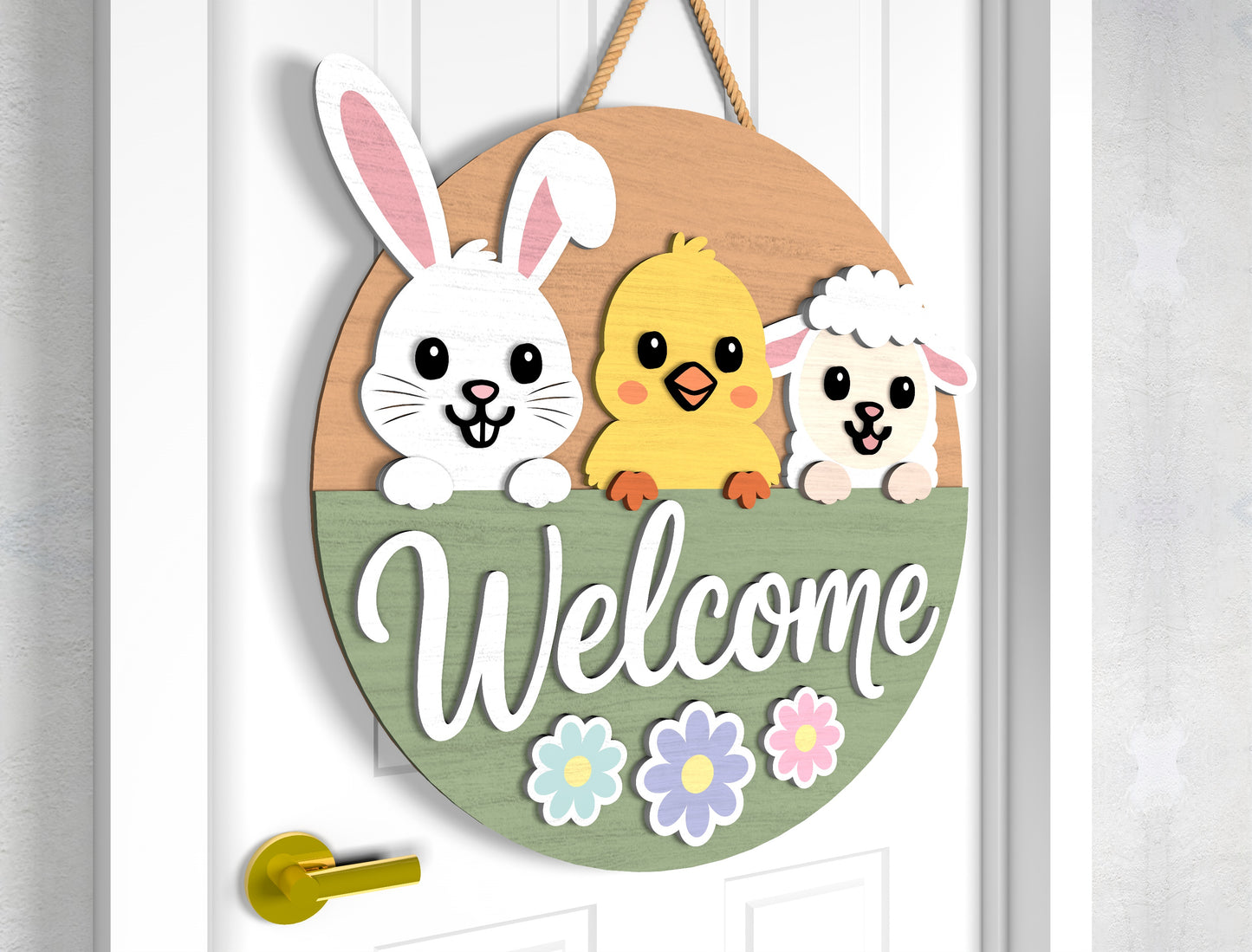 Easter Bunny Chick Door Sign SVG Hop On In Welcome Bundle for LightBurn