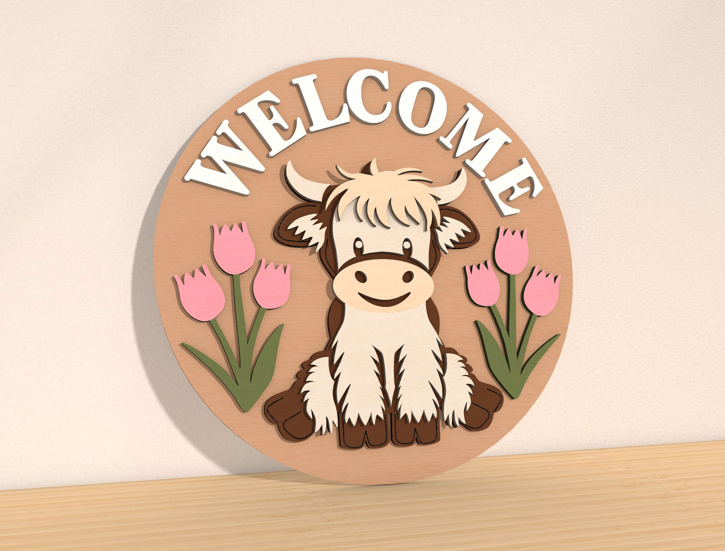 Spring Round Door Hanger SVG Highland Cow Hello Spring for LightBurn