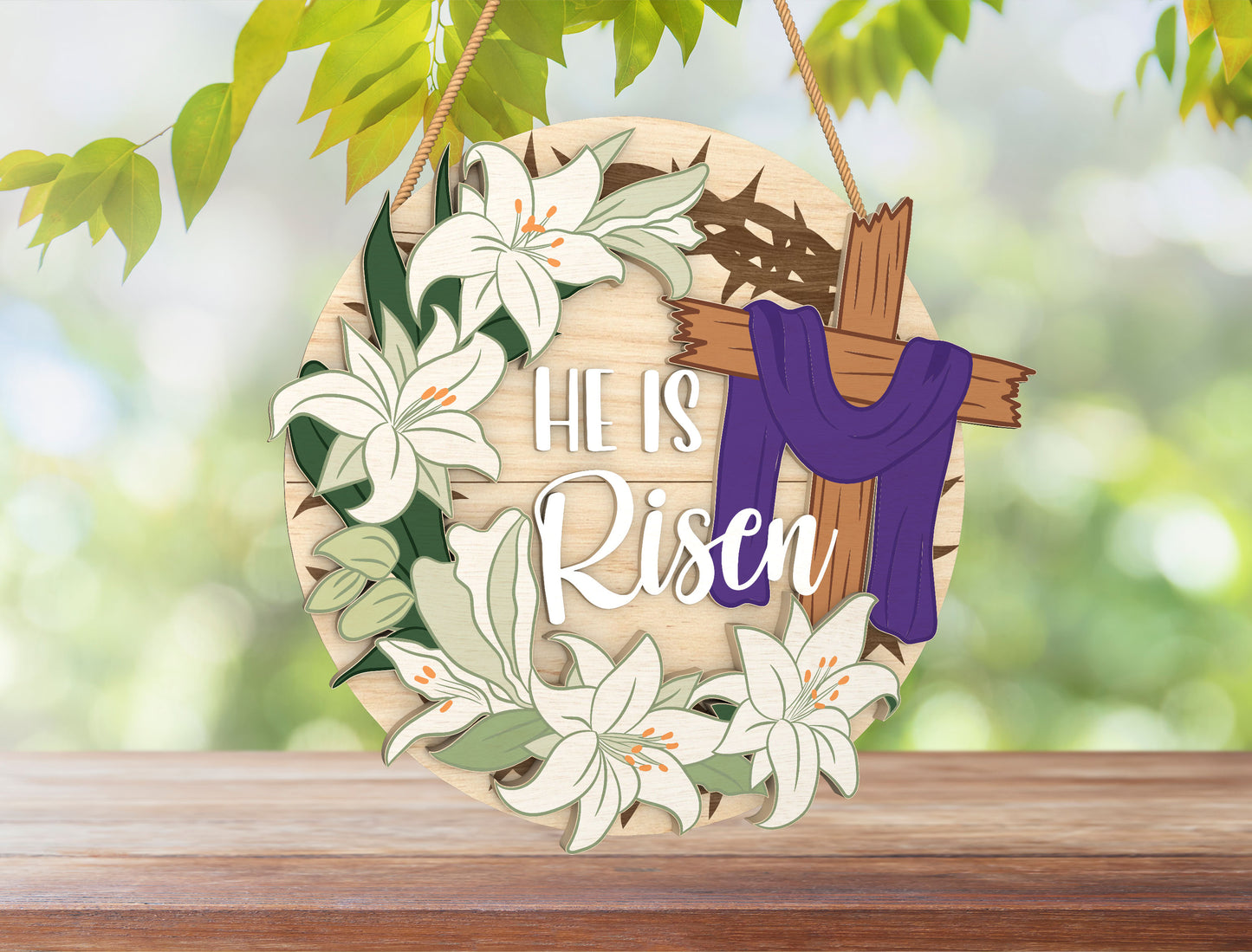 He Is Risen Cross Floral Easter Door Sign SVG Bundle for Glowforge and xTool