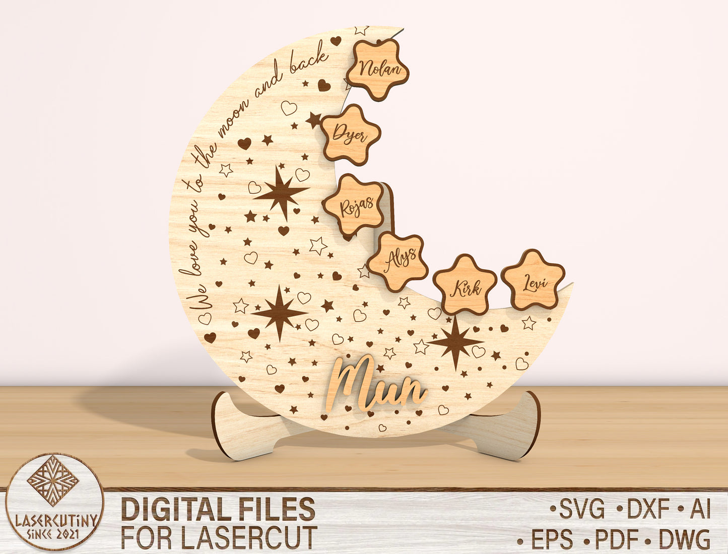 Mom Moon Stars Personalized Kids Name Sign SVG for Glowforge and xTool