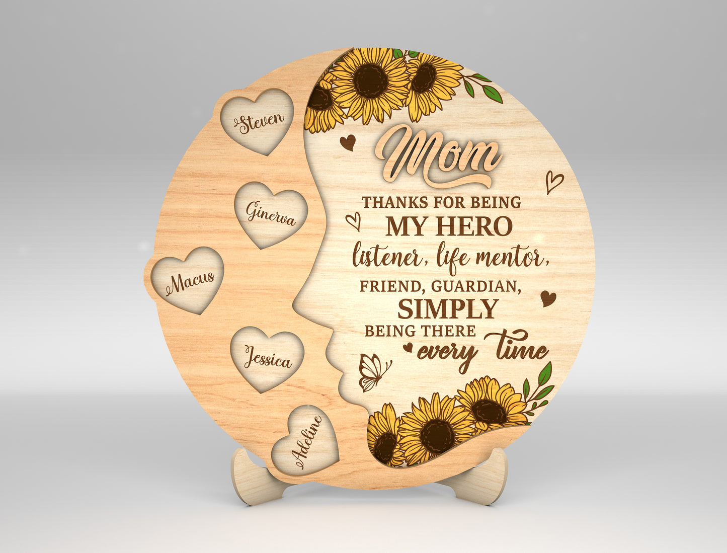 Mom Sunflower Round Heart Name Sign SVG for Glowforge and xTool