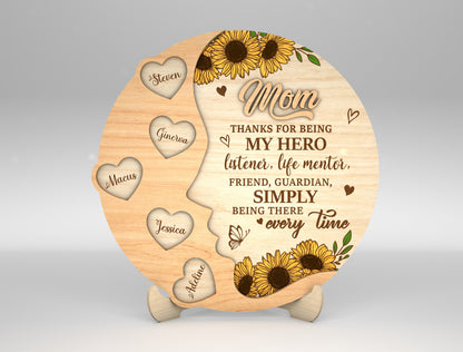 Mom Sunflower Round Heart Name Sign SVG for Glowforge and xTool