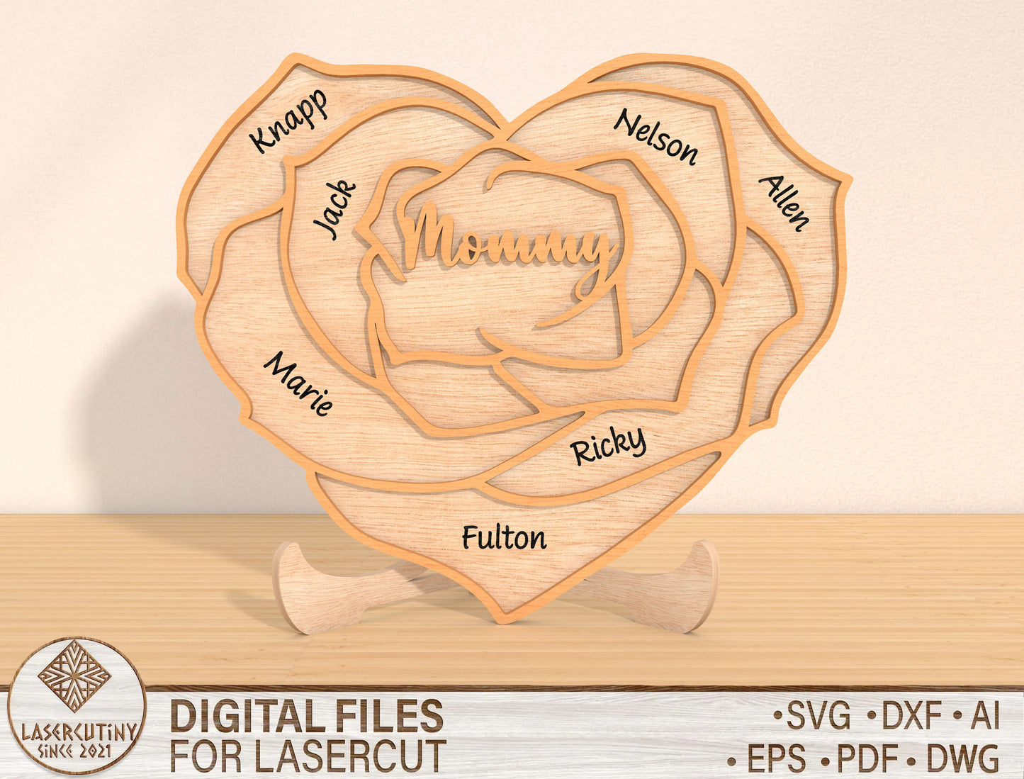 Rose Heart Family Name Sign SVG Bundle for Glowforge and xTool