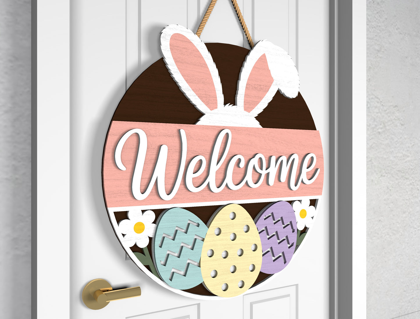 Easter Bunny Silhouette Door Sign SVG Welcome Spring Pastel Egg for LightBurn