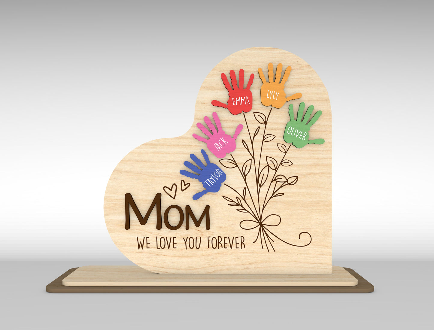 Personalized Handprint Mom Sign SVG Kids Name Flower Laser Cut File for xTool and Glowforge