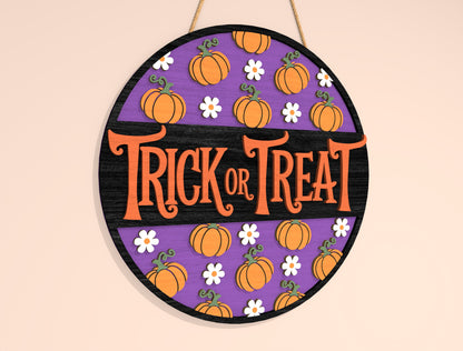 Trick or Treat Round Sign SVG Laser Cut File | 2 Halloween Door Designs | Cute Spooky Decor | Glowforge, xTool, LightBurn, etc.
