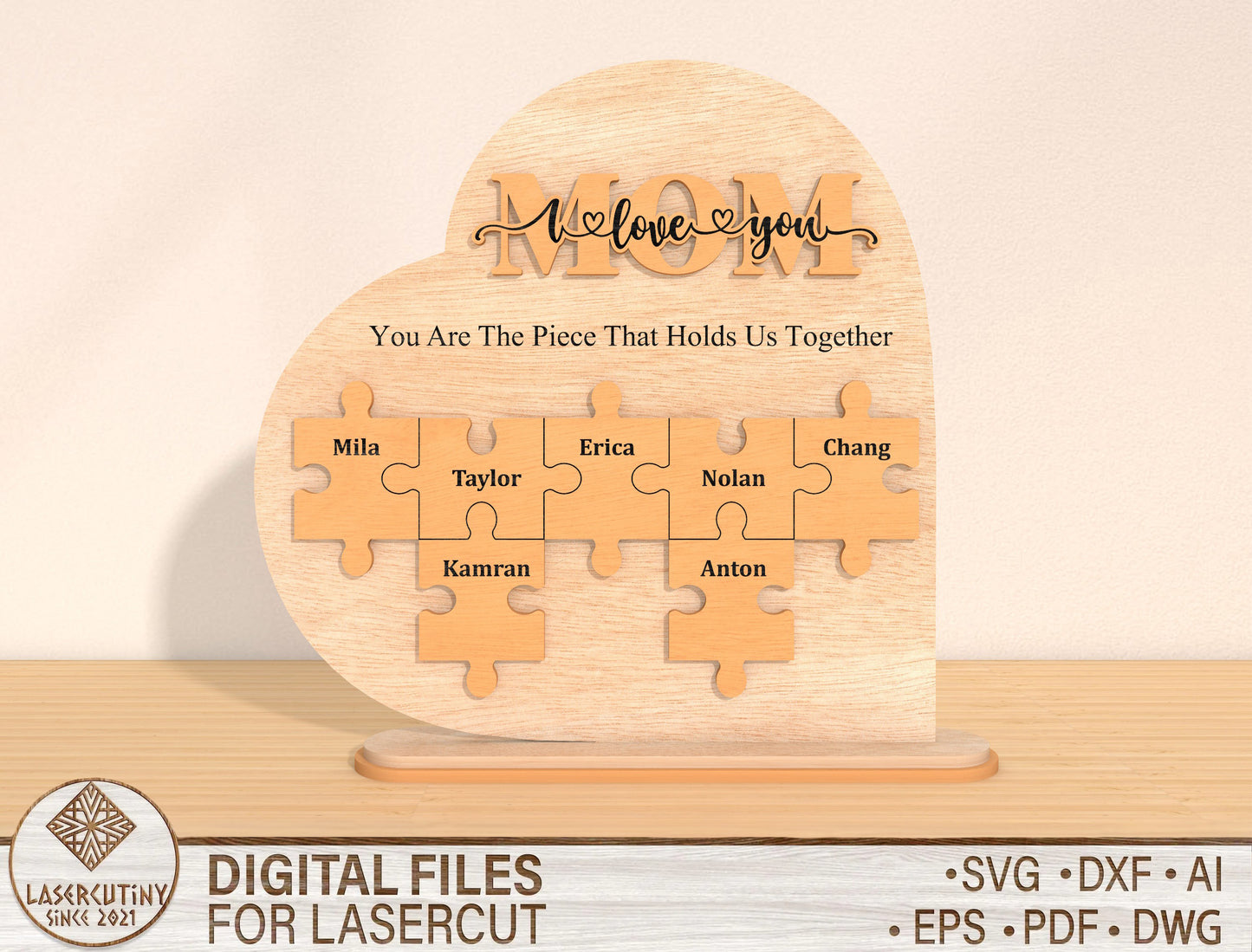 Mom Puzzle Family Sign SVG Bundle Personalized for Glowforge and xTool