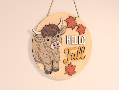 Highland Cow Hello Fall Door Hanger SVG Set for Glowforge xTool LightBurn | 2 Designs