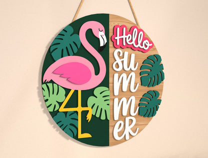 “Hello Summer” Flamingo Door Sign SVG for Glowforge and xTool