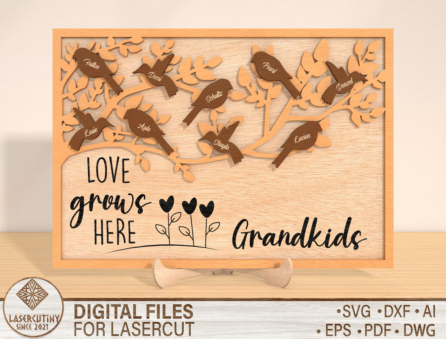 Bird Family Frame SVG Personalized Grandma Gift Laser Cut File for Glowforge and LightBurn