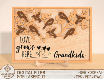 Bird Family Frame SVG Personalized Grandma Gift Laser Cut File for Glowforge and LightBurn