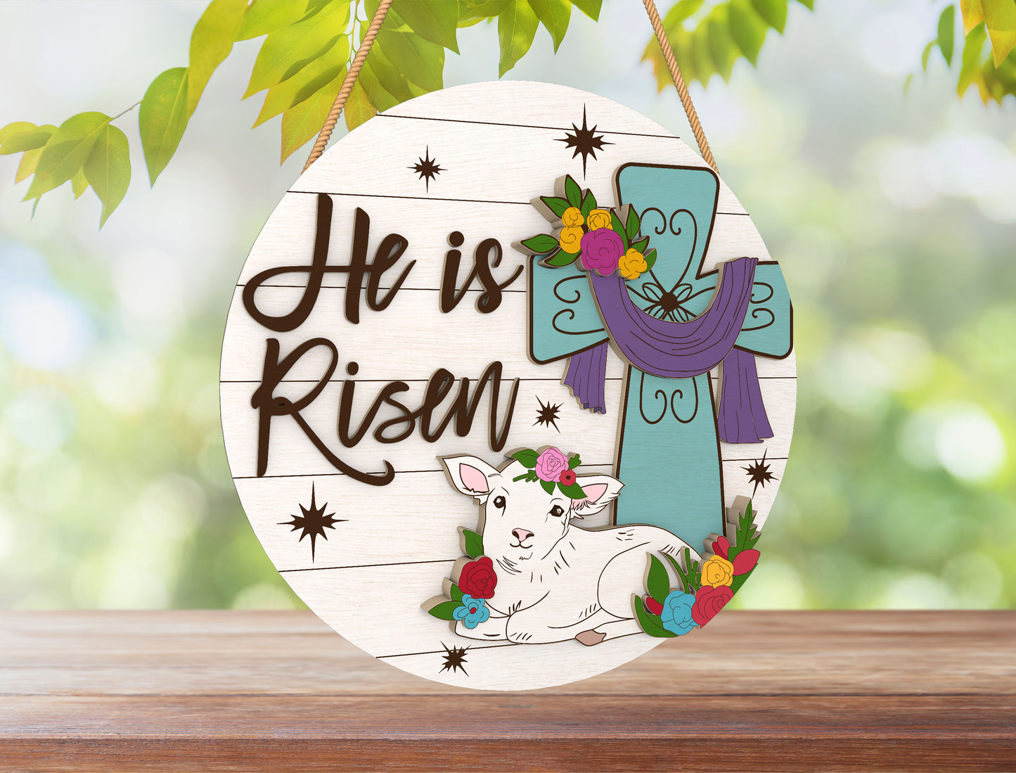 He Is Risen Cross Lamb Easter Door Hanger SVG for LightBurn and Glowforge