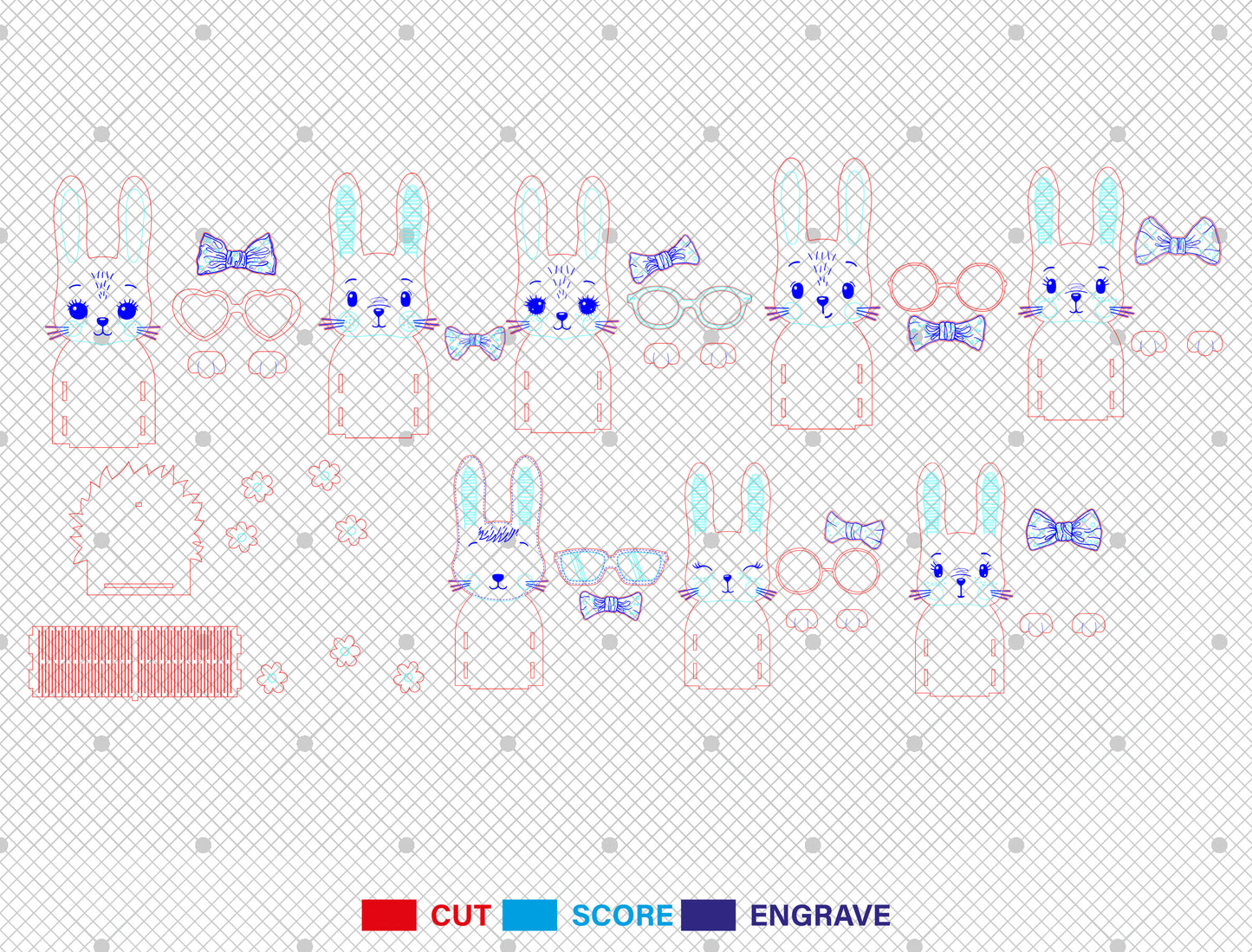 Cute Bunny Egg Holder Stand Glasses Bow SVG 8 Designs for LightBurn and xTool