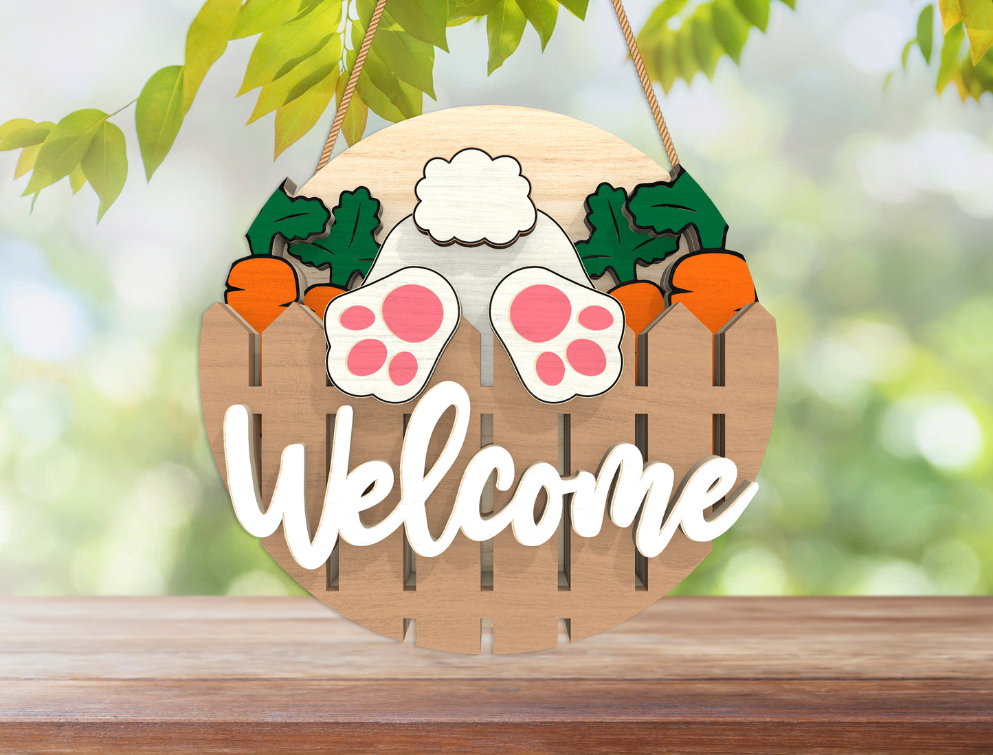 Easter Bunny Welcome Door Hanger SVG Layered Round 3 Designs for Glowforge