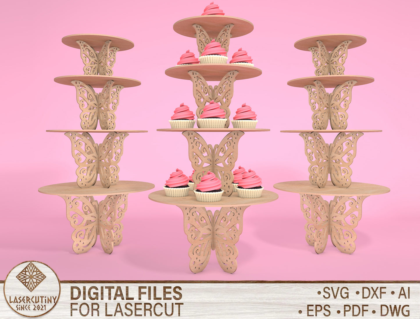 Butterfly Cupcake Stand SVG 3-Tier Dessert Stand Laser Cut File for xTool and Glowforge