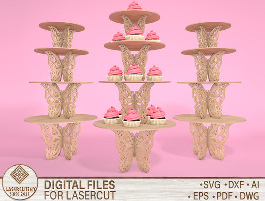 Butterfly Cupcake Stand SVG 3-Tier Dessert Stand Laser Cut File for xTool and Glowforge