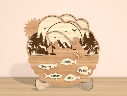 Personalized Dad Fishing Scene SVG Laser Cut File | Family Name Sign Decor | Layered Wooden Art | Glowforge, xTool, LightBurn, etc.