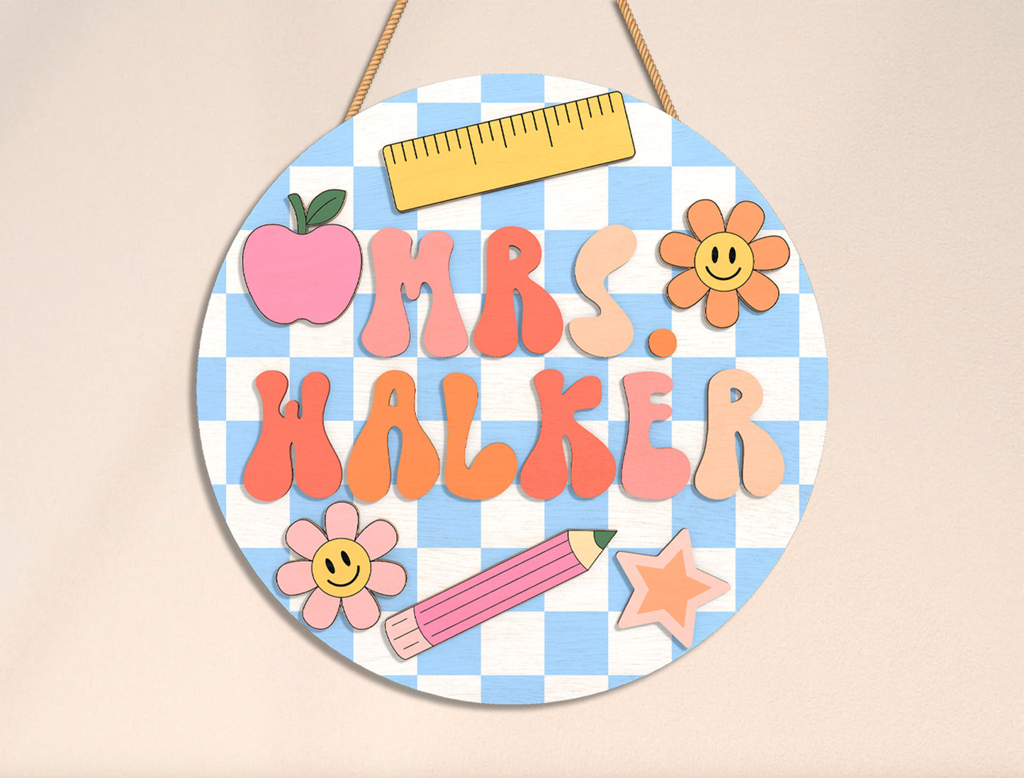 Personalized Gingham Classroom Door Sign SVG Laser Cut File for xTool