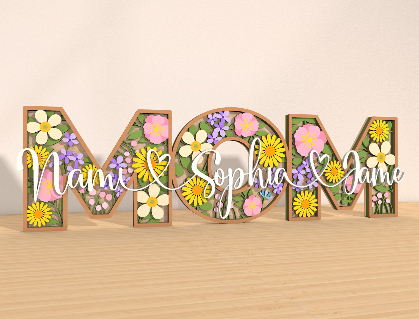 Personalized MOM Floral Name Laser Cut File | Custom Mother’s Day Decor | Layered Botanical Letters | Glowforge, xTool, LightBurn Compatible