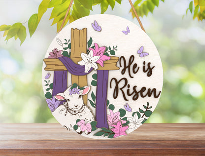 He Is Risen Cross Lamb Easter Door Hanger SVG for LightBurn and Glowforge