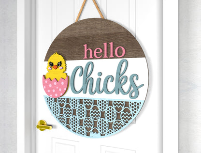 Easter Bunny Hello Chicks Door Sign SVG Layered Welcome for LightBurn and xTool