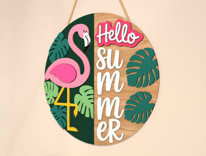 “Hello Summer” Flamingo Door Sign SVG for Glowforge and xTool