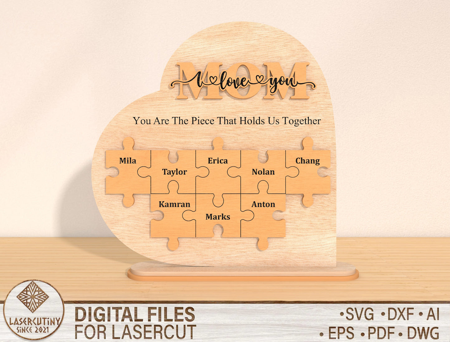 Mom Puzzle Family Sign SVG Bundle Personalized for Glowforge and xTool