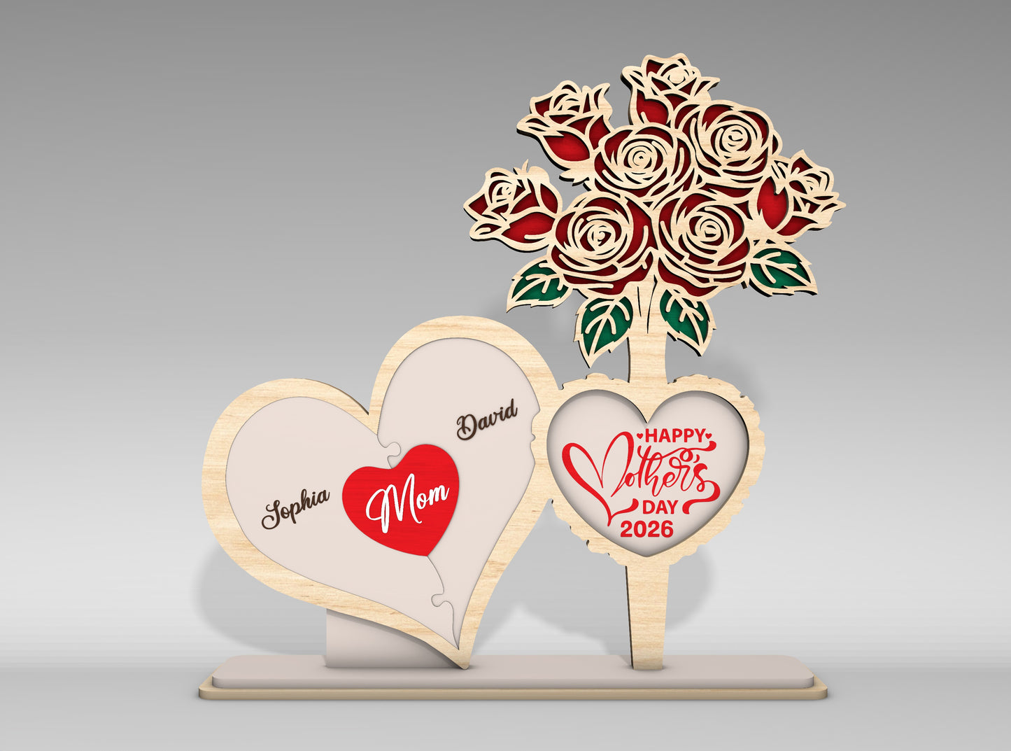 Personalized Mom Heart Rose Bouquet Sign SVG for Glowforge and xTool