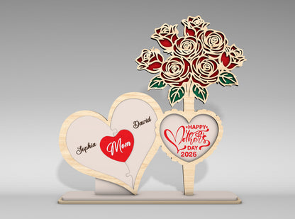 Personalized Mom Heart Rose Bouquet Sign SVG for Glowforge and xTool