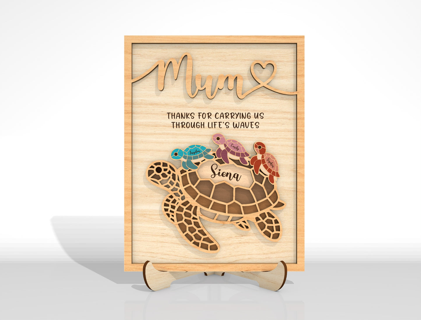Personalized Mom Turtle Kids Name Sign SVG Laser Cut File for Glowforge and xTool