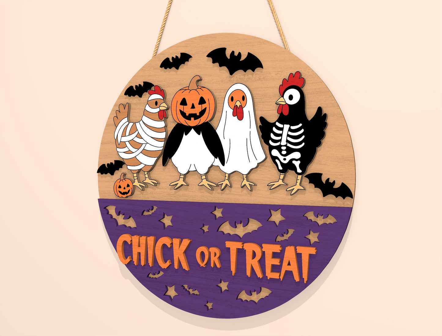 Chick or Treat Halloween Door Hanger SVG Laser Cut File | 2 Funny Chicken Designs | Round Wooden Decor | Glowforge, xTool, LightBurn, etc.